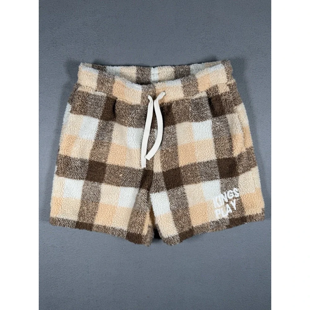 Kings Play Cozy Fleece Sherpa Shorts Plaid Checkered Brown Cream Drawstring M